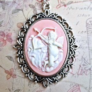 Light Pink Cupid + Arrow Silver Cameo Necklace